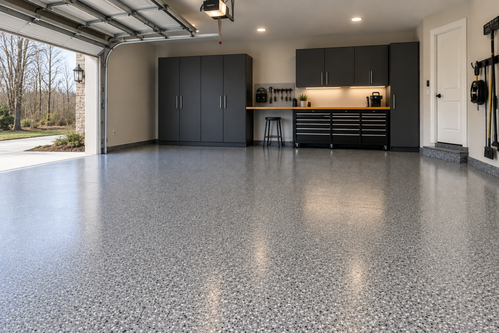 Finished garage with decorative epoxy floor coating, showcasing residential flooring solutions from Marshall Epoxy Flooring.