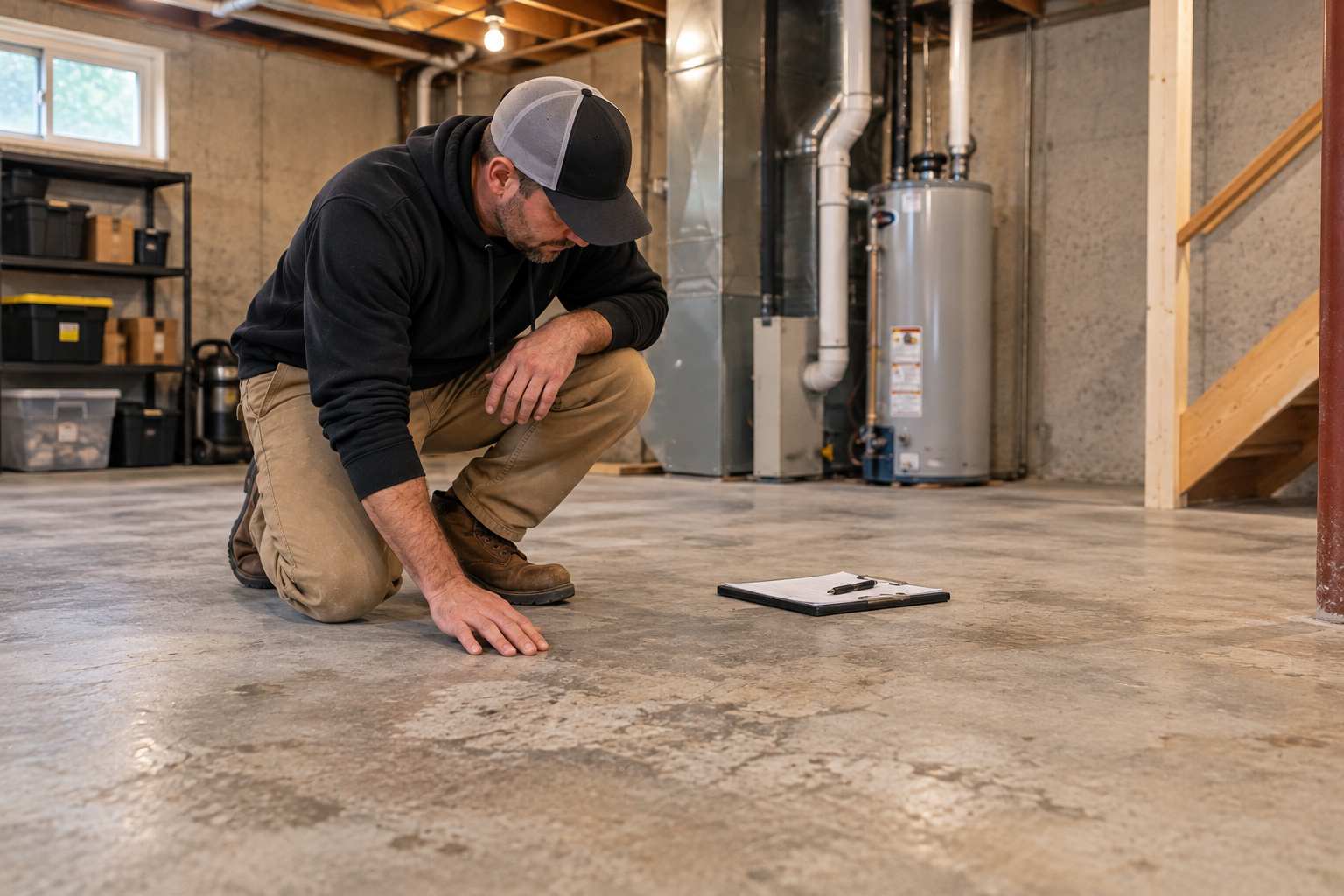 Contractor inspecting an unfinished basement concrete floor before coating