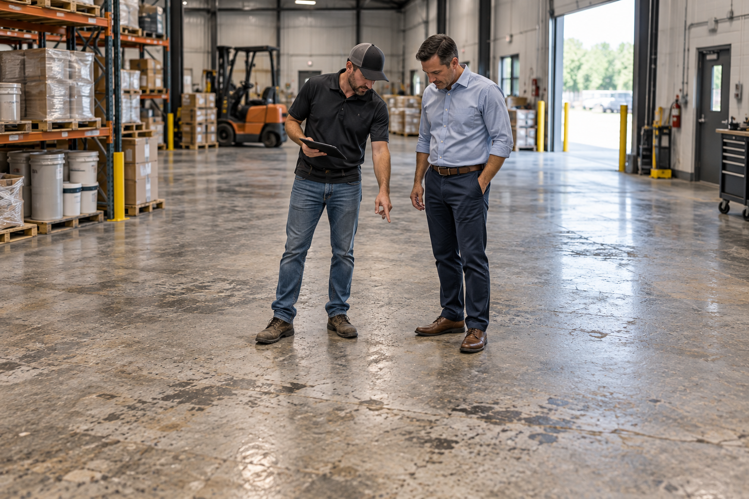 Contractor evaluating a commercial concrete floor with a property manager