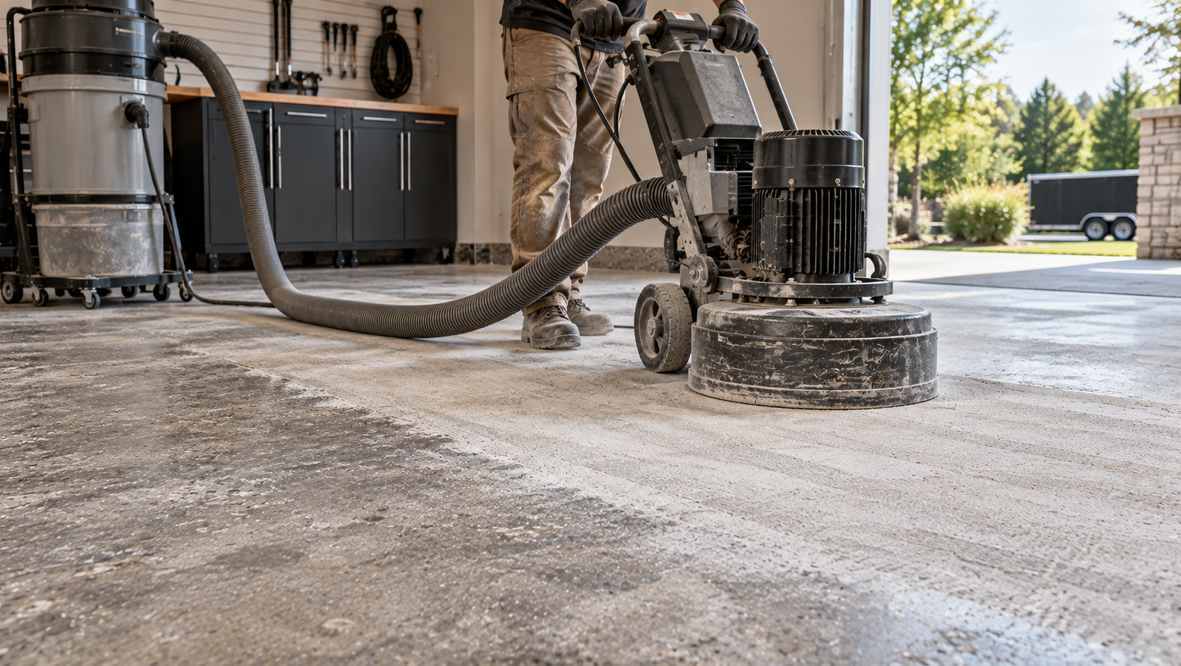 Professional concrete floor preparation with floor grinder before polyaspartic coating