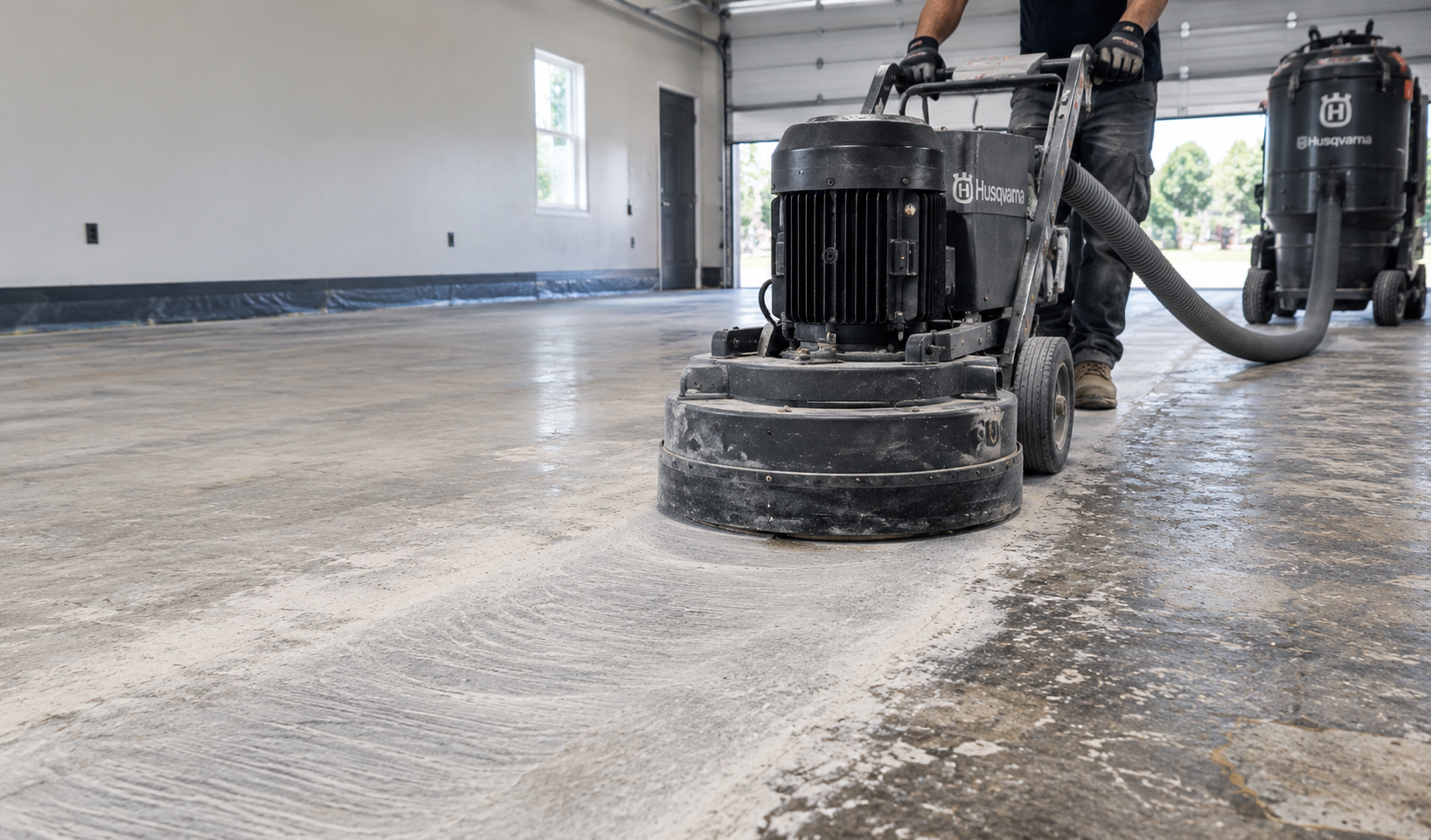 Concrete floor being mechanically ground and prepared for a new floor coating in Marshall, MO