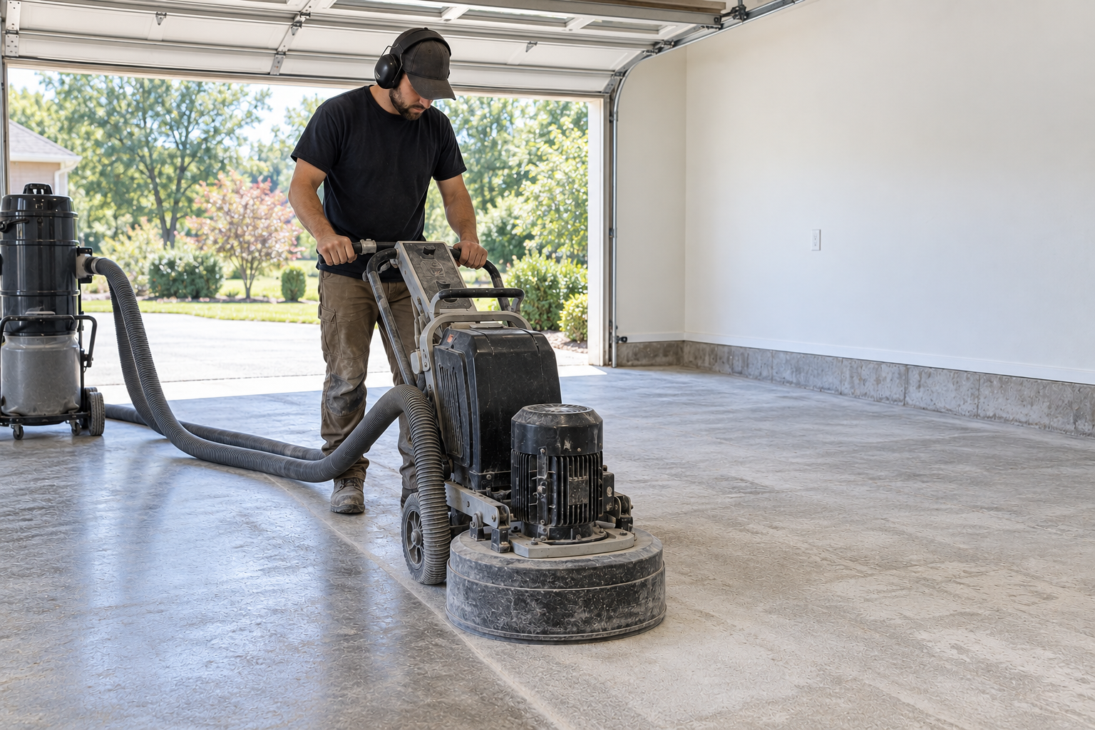 Professional concrete grinding during concrete preparation for epoxy flooring in a residential garage.