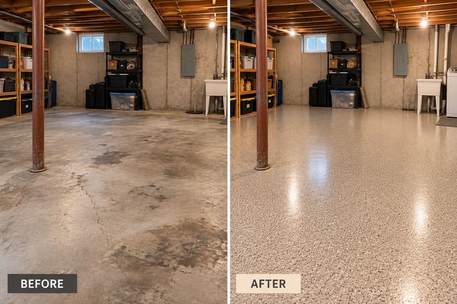 Before and after transformation of an unfinished basement with epoxy flooring