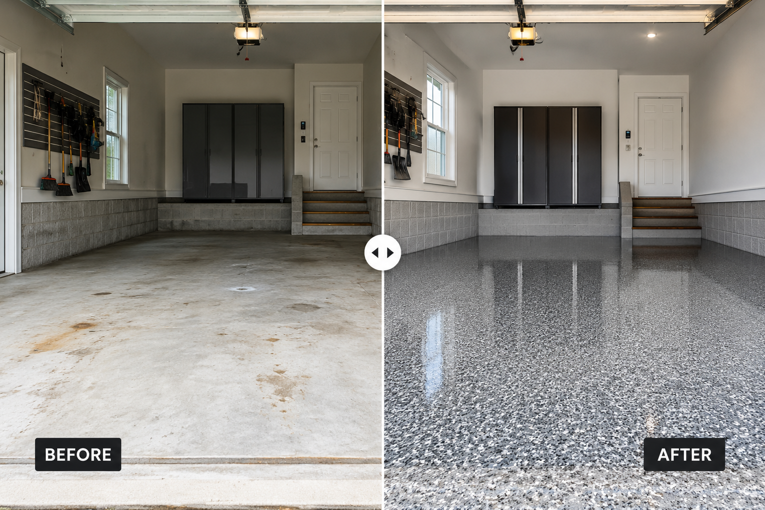 Before and after epoxy garage floor in Marshall, Missouri