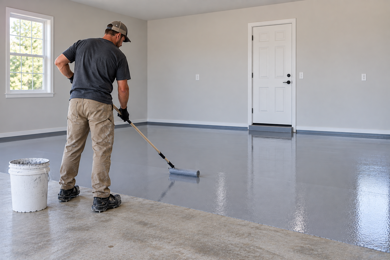 Professional installer applying epoxy floor coating in a residential garage, illustrating the labor included in epoxy floor coating cost.