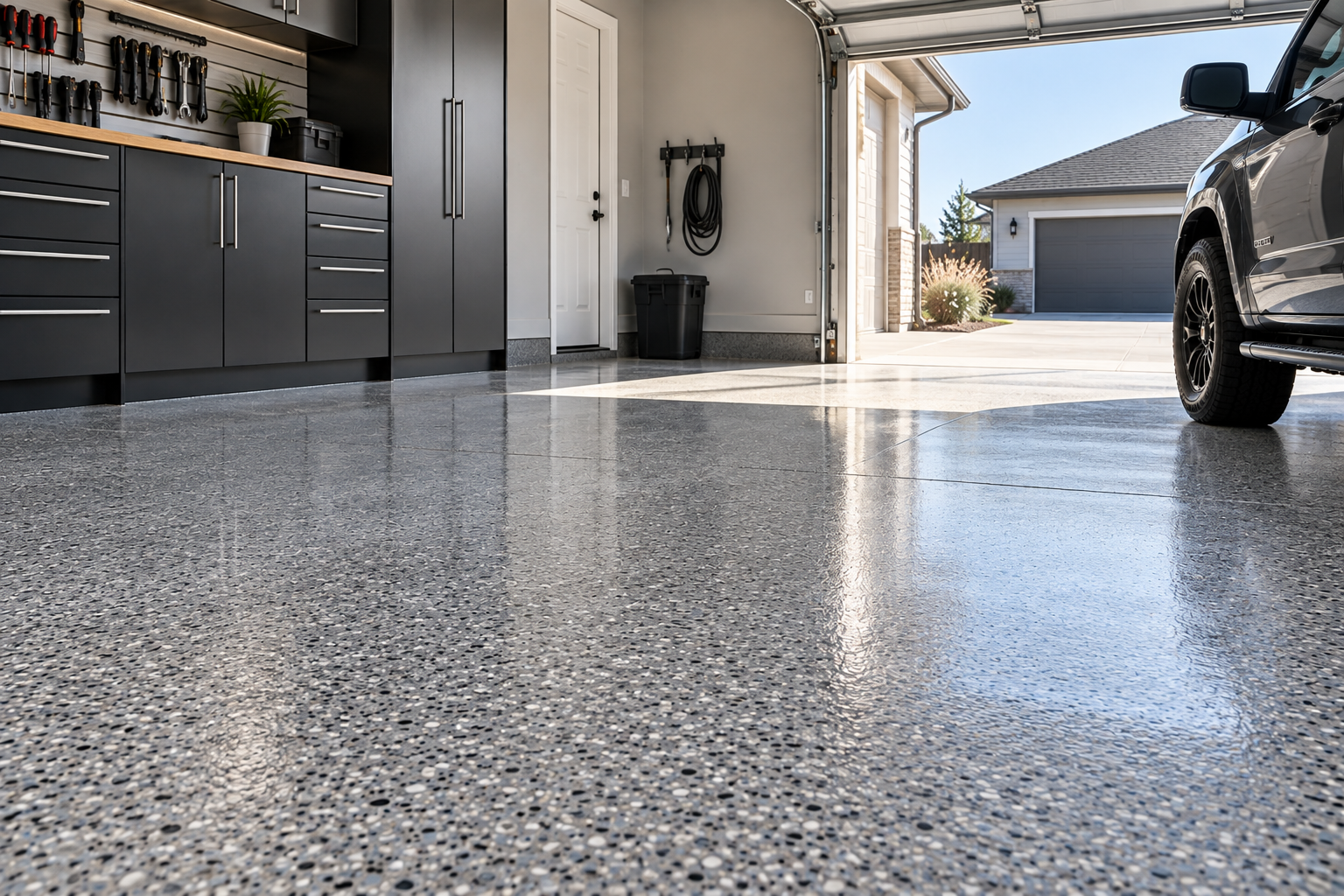 Epoxy vs polyaspartic flooring comparison showing a durable decorative flake garage floor coating.