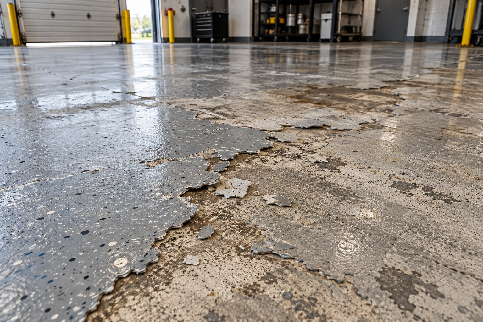 Peeling commercial epoxy floor coating exposing worn concrete