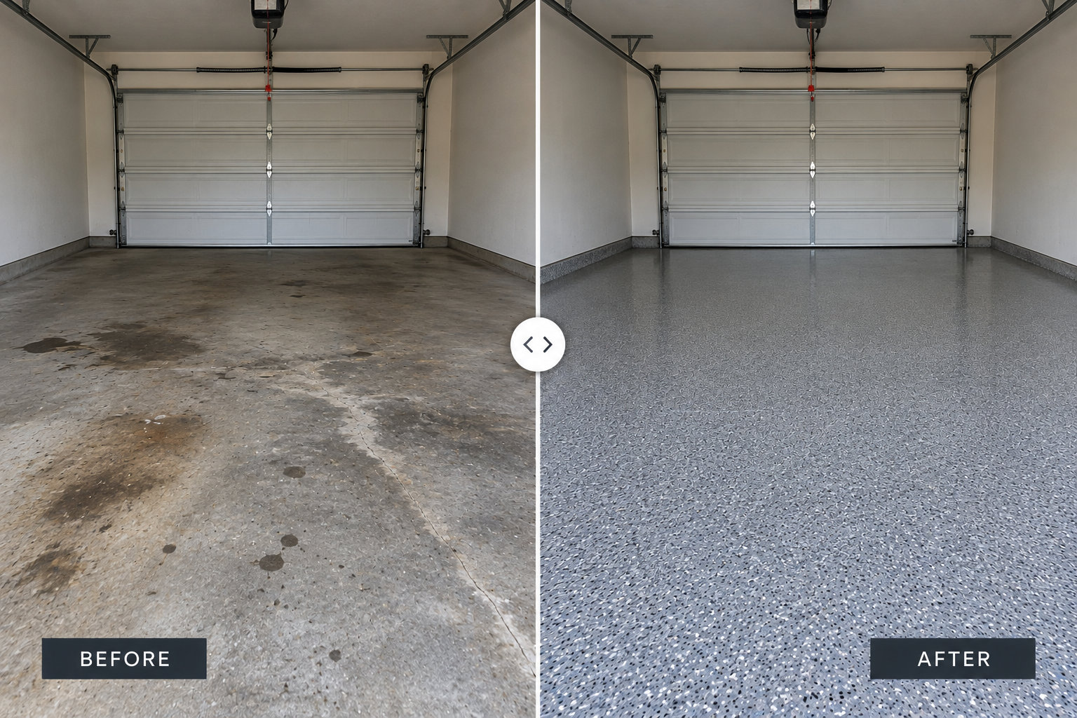 Before and after garage floor coating transformation in Marshall, MO
