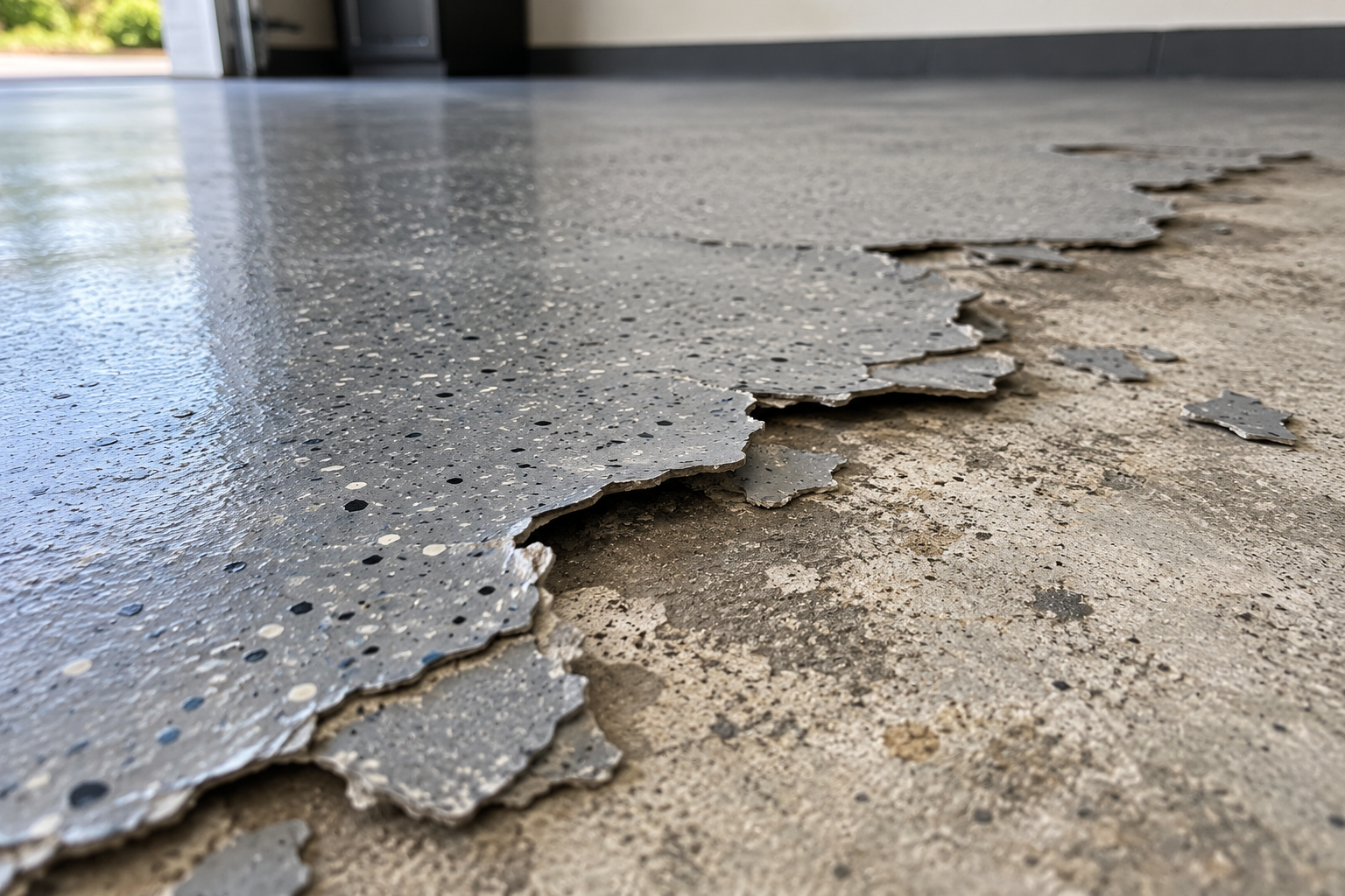 Peeling garage floor coating exposing concrete in Marshall, MO