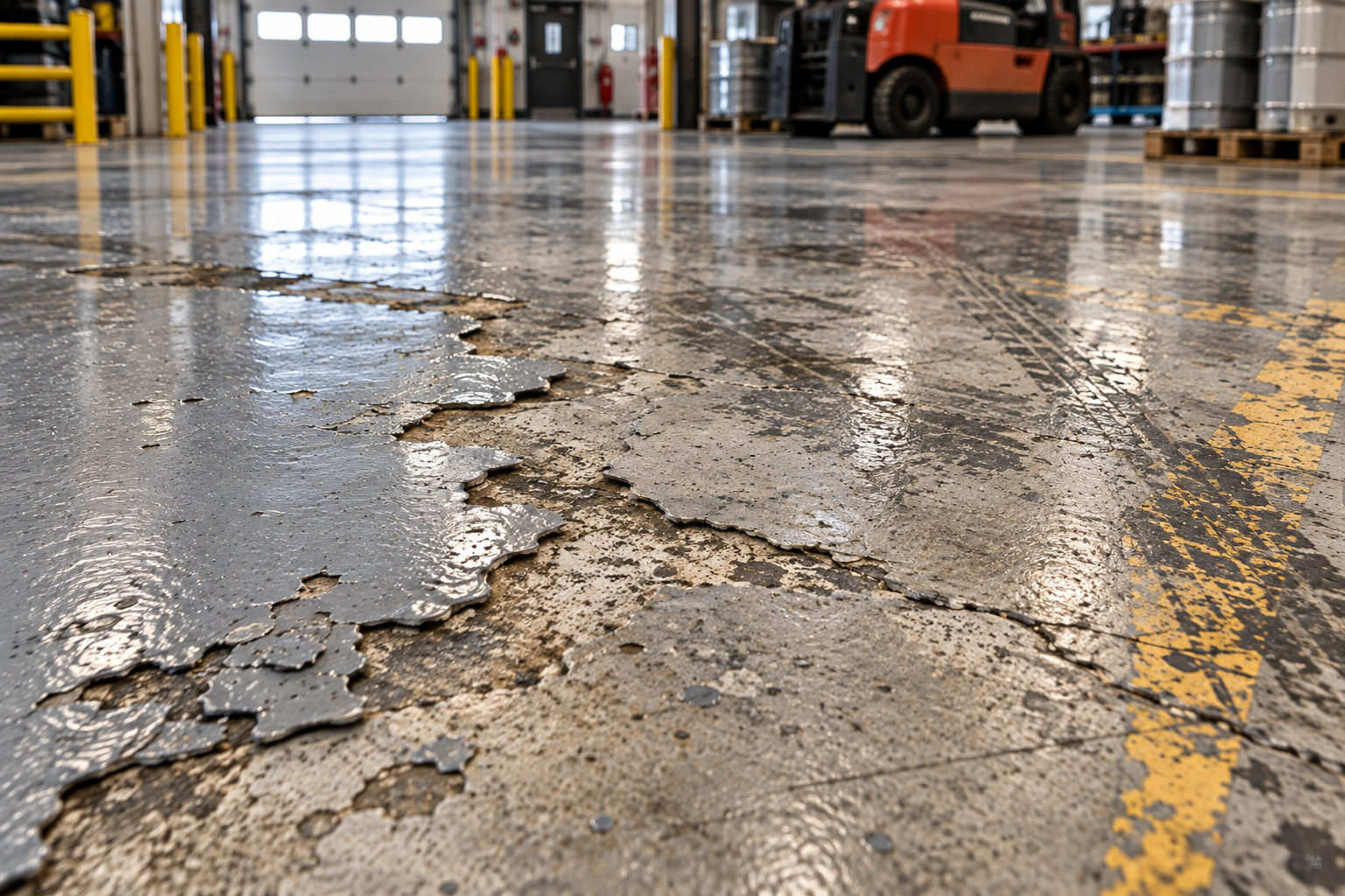 Peeling industrial epoxy floor coating with exposed concrete in a high-traffic facility