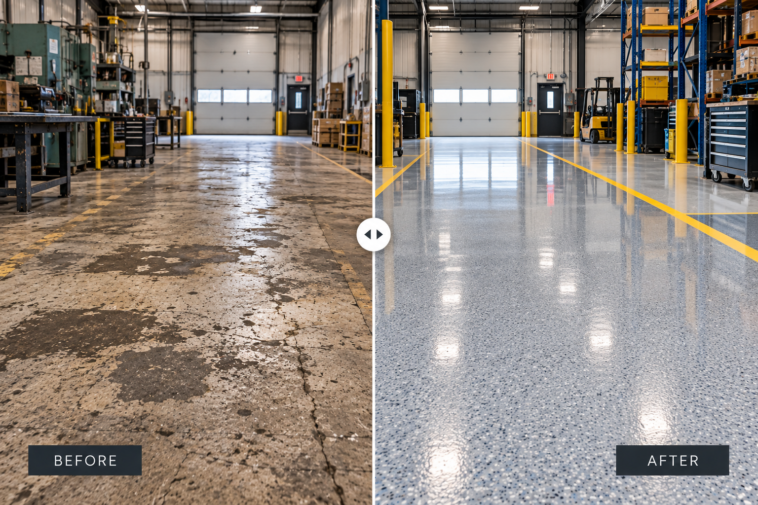 Before and after industrial epoxy flooring transformation in a warehouse