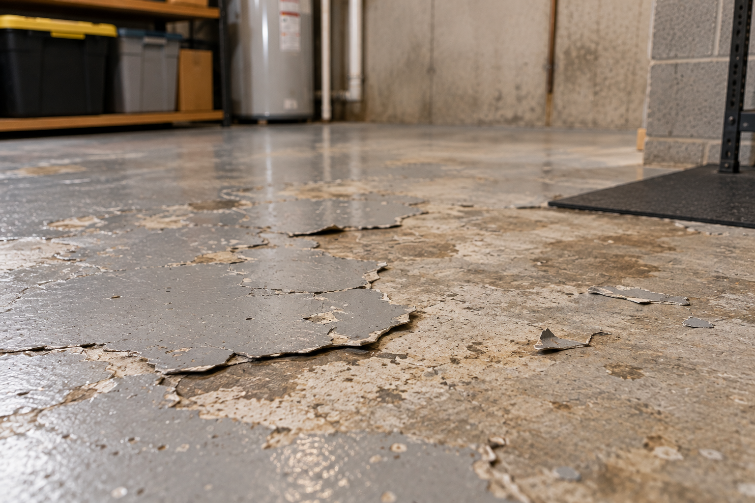 Peeling basement floor coating exposing worn concrete underneath