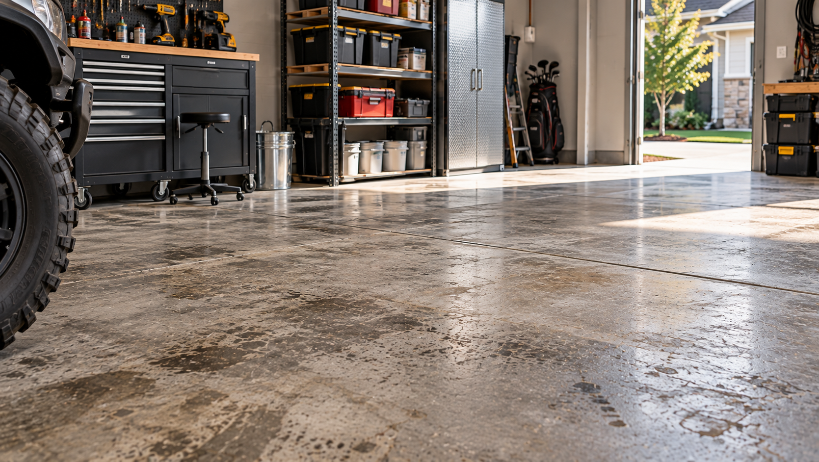 Concrete garage floor suitable for a durable polyaspartic floor coating