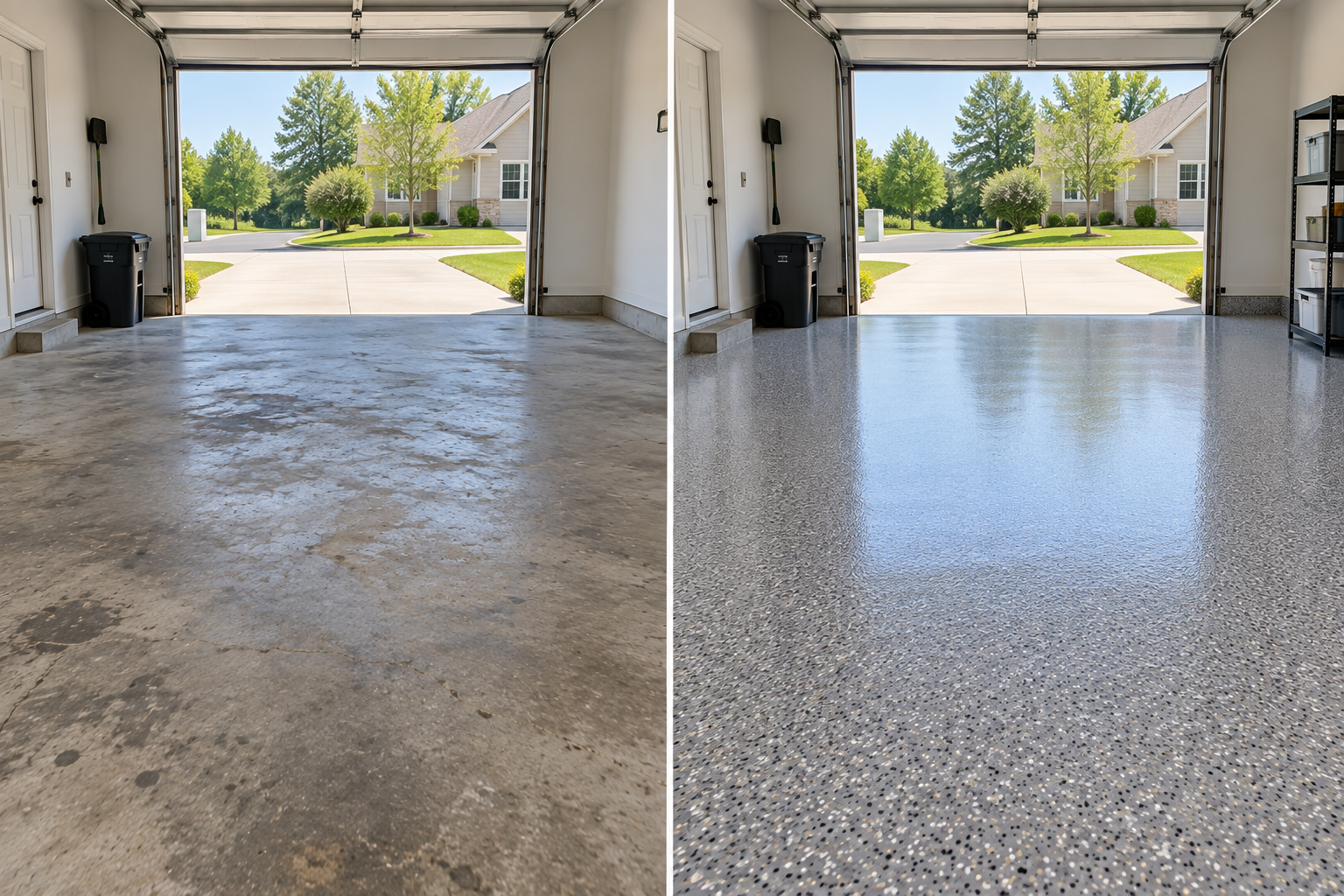 Before and after view of a residential garage with polyaspartic floor coating