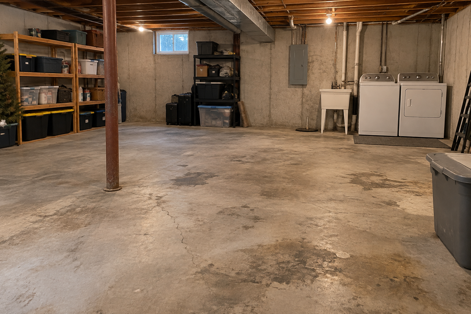 Unfinished basement with stained and worn concrete floor
