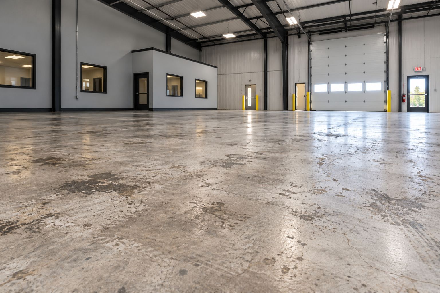 Worn concrete floor in a commercial facility before floor coating