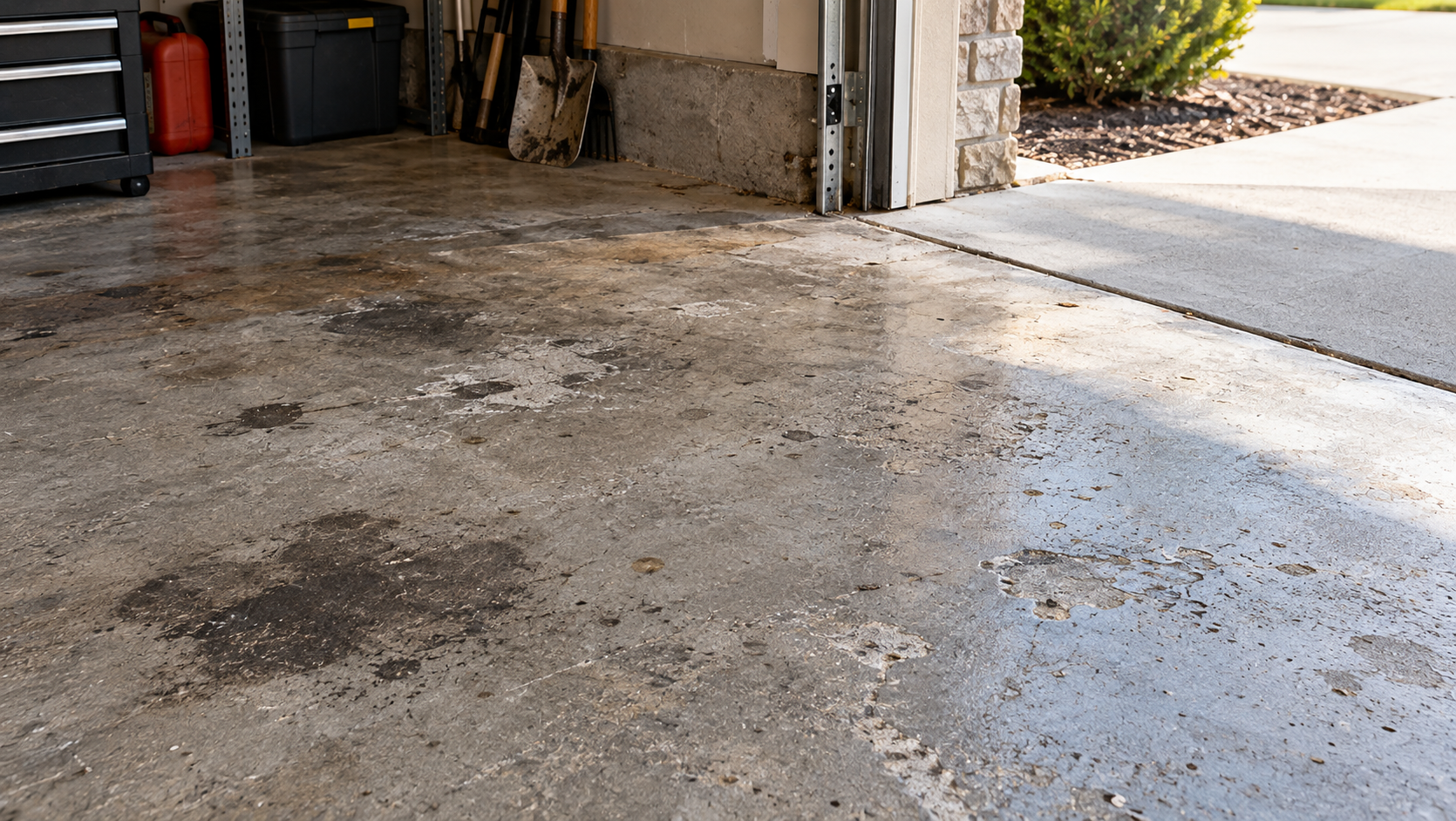 Worn and stained concrete garage floor before polyaspartic coating