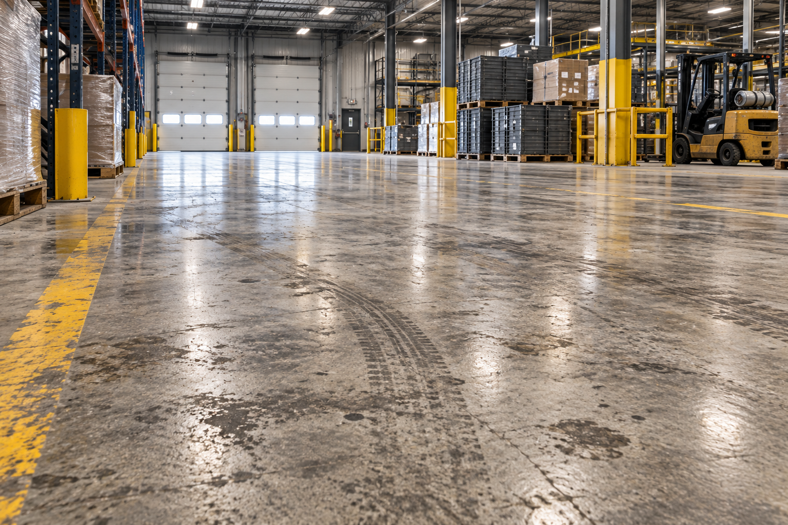 Worn industrial concrete floor with forklift traffic and heavy-use wear